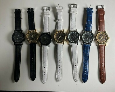 Skeleton Wristwatch: Transparent Case, Faux Leather Band, Cutout Face