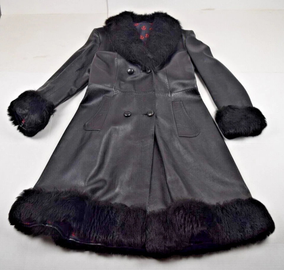 Vintage Leather Long Coat Herber Size S/M 80s Black Faux Fur Trim Made Spain - Image 3 of 4