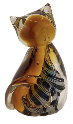 Art Glass Kitty Cat Paperweight Handblown Swirl 4  Tall Hophen European