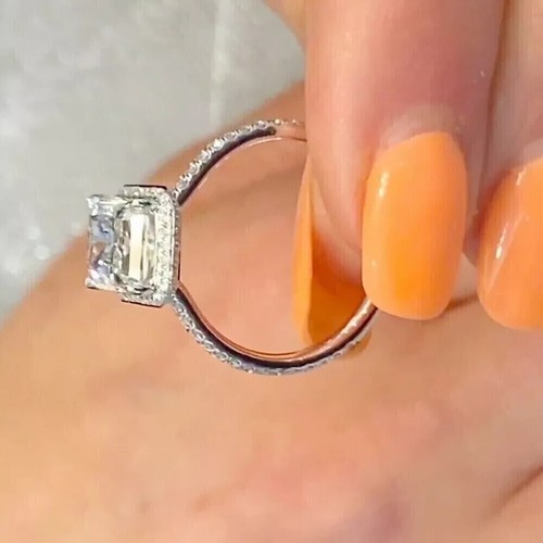 2.50Ct Radiant-Cut VVS1 Moissanite Halo Engagement Ring 14k White Gold Plated - Picture 4 of 4
