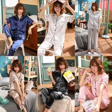 Women Silk Satin Pajamas Set Short Sleeve Button-Down Sleepwear Home Loungewear