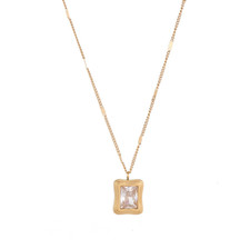 Women 18K Gold Stainless Steel Square CZ Frame Pendant Necklace 16-18" PE42