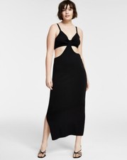 Bar III Women's V-Neck Cutout Sweater Dress Deep Black Size L