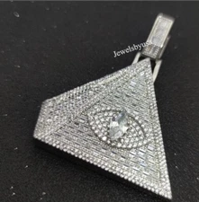 Mens Eye Pyramid 100% Real Moissanite Classy DJ Party Pendant In Real 925 Silver