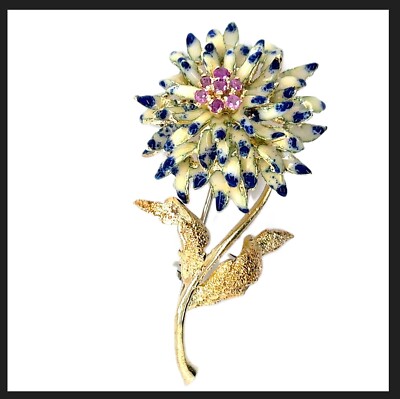 18K 750 Gold Brosche & Anhänger 0,42CT Rubin Unikat Pendant Brooch Ruby Flower
