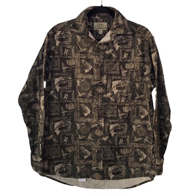Cabelas Deerskin Soft Chamois Shirt Fish Print Fishing Hunting Sz S Brown
