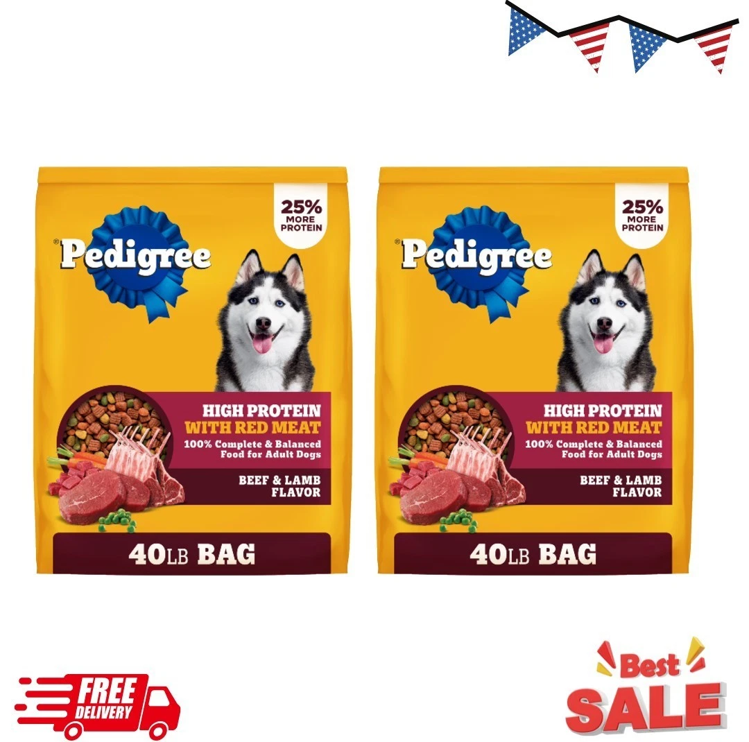 2P Pedigree Dry Dog Food for Adult Dogs, High Protein, Beef Lamb 40lb