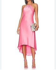 NWT Alice And Olivia Pink Rayni High - Low Halter Neck Satin Midi Dress Size 0