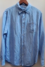 Tommy Bahama Shirt M Linen Lyocell Blend Blue Wht Plaid Logo Buttons Long Sleeve