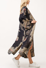 Boho Gypsy Paisley Floral Embroidered Maxi Kimono Black Hippie Duster Cardigan L
