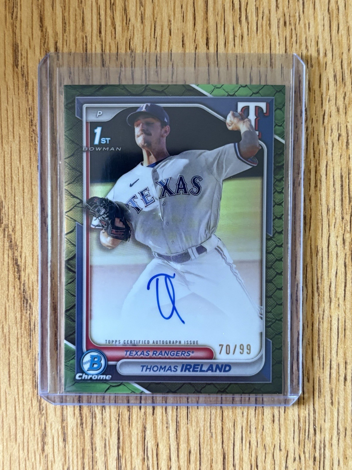 2024 Bowman Chrome Thomas Ireland 1st Green Reptilian Auto /99 Texas Rangers
