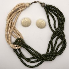 Vintage Multi Strand Wood Bead Necklace  Cream Resin Earring Set 64.66g