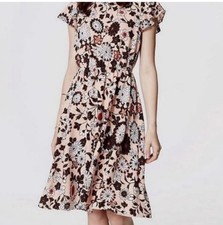 LOFT Floral Peach Chiffon Knee Length A-Line Dress Flutter Short Sleeve M