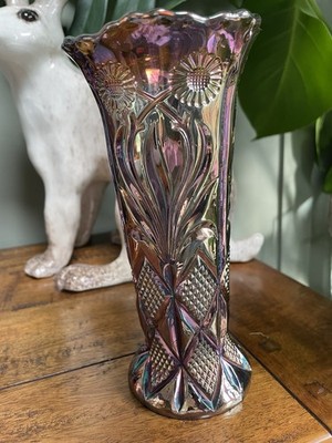 CARNIVAL GLASS ~ EDA SUNFLOWER AND DIAMONDS VASE ~ RARE ~
