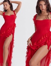 HOUSE OF CB Ariela Cherry Red Ruffle Maxi Dress Size XS