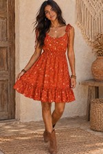 Boho Floral Tie Strap Tiered Mini Sundress Orange Size M JEUVRE