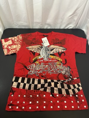 Christian Audigier T-shirt Mens Size XL RED RHINESTONES LOS ANGLES