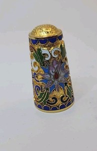 Vintage Cloisonné Gold Tone Thimble With Floral Design