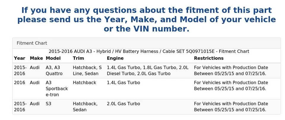 AUDI A3 2015-2016 - Juego de cables/arnés de batería híbrido/HV 5Q0971015E Foto 4 de 4