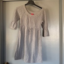 Elle Women's Gray Cotton Sweater Dress sz S  3/4 Bell Sleeves Waist Tie