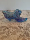 Vintage Fenton Iridescent Blue Glass Hobnail Cat's Head Shoe Slipper
