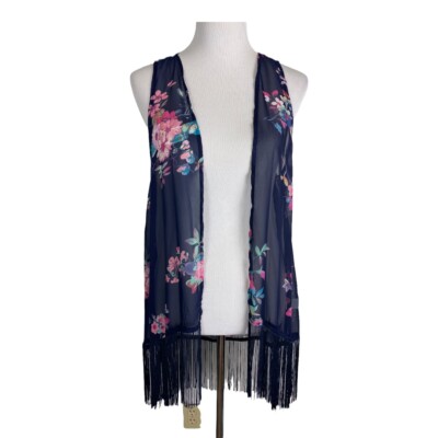 Eyeshadow Womens Kimono Shirt Size Large Blue Sheer Floral Fringe Sleeveless