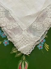 VTG Antique Needle Run Floral Embroidery Net Lace Handkerchief Hanky~Bridal