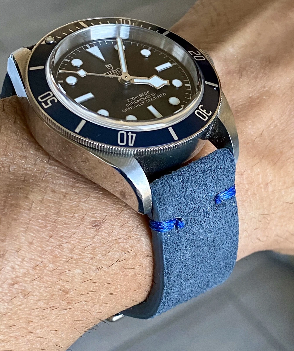 20mm Thick Dark GRAY GREY Vintage Suede Leather Watch Strap Band BLUE Stitch