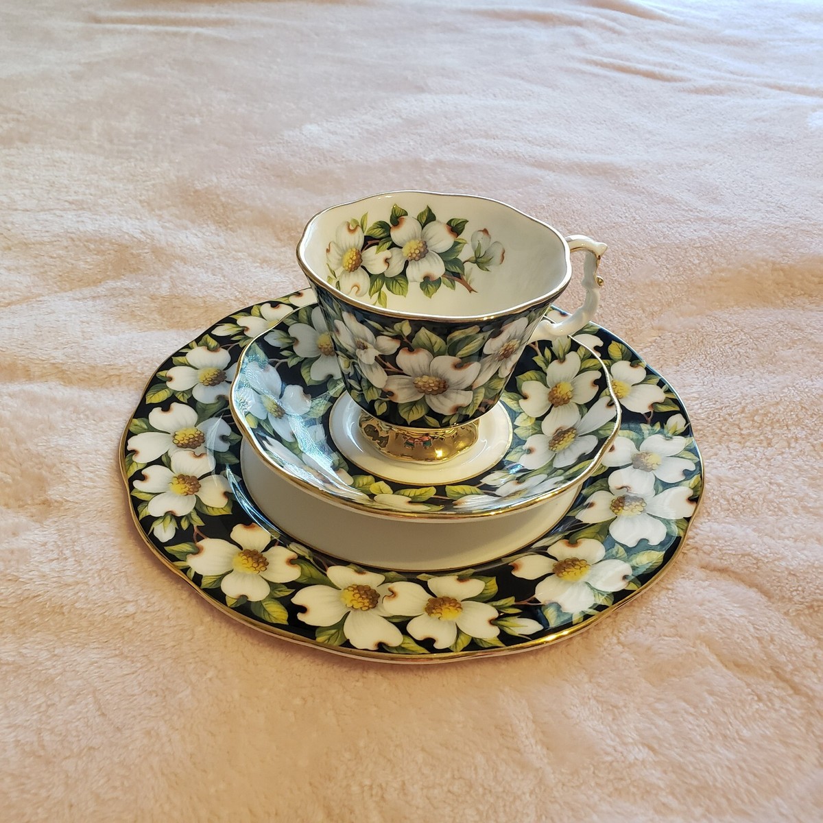 Royal Albert Provincial Flowers Dogwood Tea Cup, Saucer, Plate Trio Set