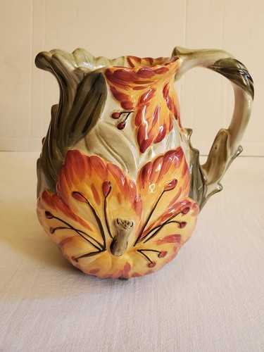 "TROPICAL FLOWER" HANDCRAFTED 9" CERAMIC PITCHER - UNUSED DECOR ONLY/NICE - Picture 2 of 15