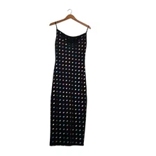 Nasty Gal Slip Dress Sz 2 Black Metalic Polka Dot Retro Groovy Funky Show Girl
