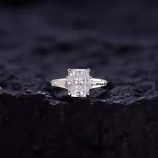 3 Ct Radiant Cut Moissanite Three Stone Engagement Ring 14K White Gold Plated