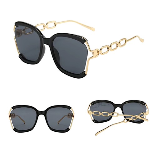 Women Sunglasses Classic Frame Chain Design Stylish Gradient Glasses Case Set - Picture 7 of 28