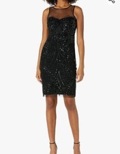 Adrianna Papell Womens size 4 Black Beaded Boat neck illusion Sheath Dress