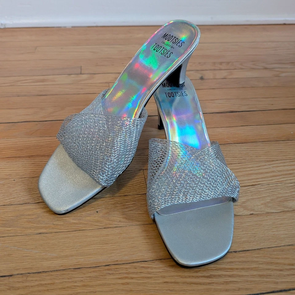 Vintage Silver Mules 90s Mootsies Tootsie Sandals Holographic Formal Rainbow 8 - Image 3 of 4