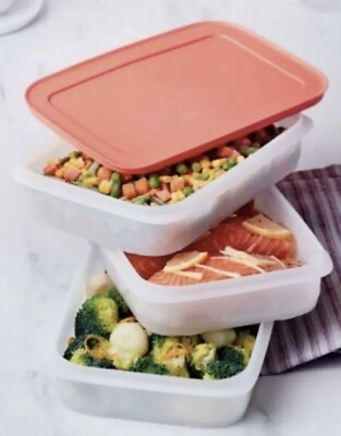 NEW TUPPERWARE freezer mate plus stackables 3 sheer bottoms peach seal