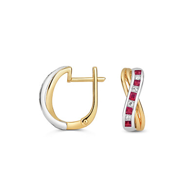 Diamant Huggies Ohrringe 9 kt 2 Farben Gold 0,08 Karat mit Rubin - 17 mm*6 mm