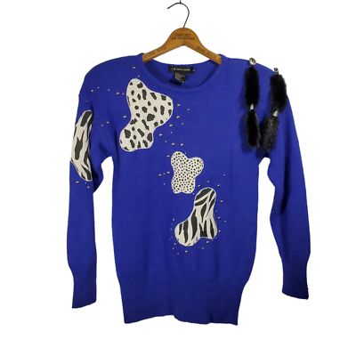 VTG 80s IB Diffusion Animal Print Knit Sweater Womens M Violet 