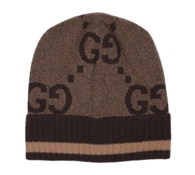 NEW GUCCI LUXURY BROWN 100% CASHMERE GG LOGO BEANIE HAT M | eBay