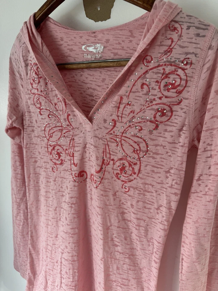 Roper NUEVO Damas Manga Larga Con Capucha Burnout Camiseta Sudadera con Capucha Rosa Occidental Talla Pequeña Foto 2 de 4
