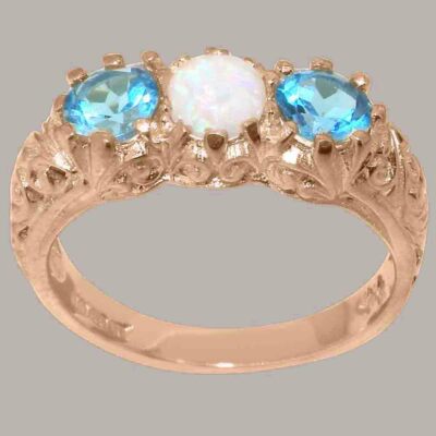 18k Rose Gold Natural Opal & Blue Topaz Womens Trilogy Ring