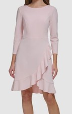 Tommy Hilfiger Women's Pink Scoop-Neck Ruffle-Trim 3/4-Sleeve Dress Size 16