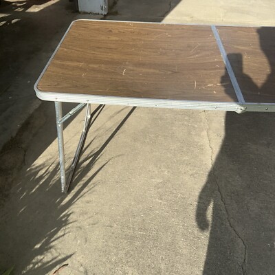 Vintage Aluminum Portable Fold-Away Table 30x63 Wood Grain Retro