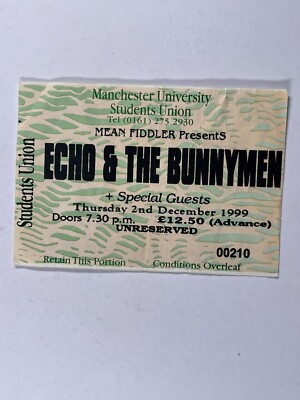 Echo & The Bunnymen Ticket Plus Guests Original The Mean Fiddler 2nd Dec 1999