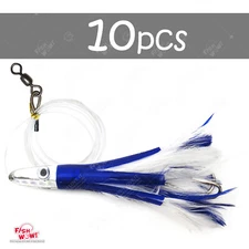 10pcs Blue White Fish WOW! 6" Tuna Feather head Jet Rigged Lure Double tuna Hook