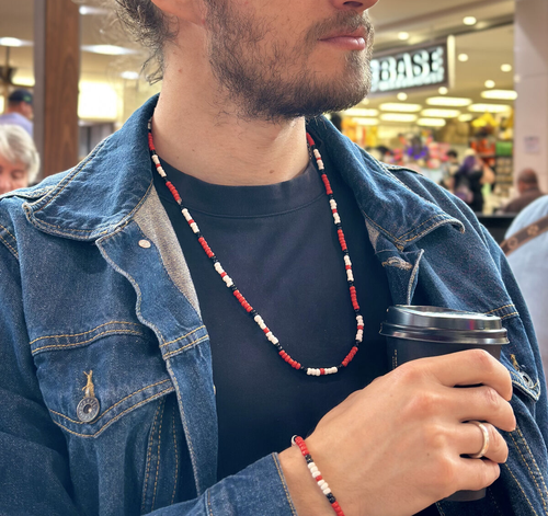 28" Bead Necklace + FREE 7" Bracelet Jim Morrison The Doors Red White Black  - Picture 3 of 8