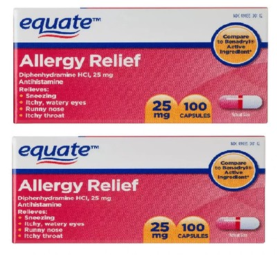 2 pack - Equate Allergy Relief 25mg Allergy Capsules, 100 count - 10/27