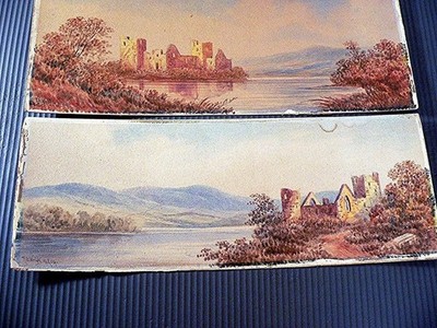 2 antike Aquarelle an Bord R D Wright ARCA Scottish Loch Castle Ruins