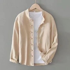 Men's retro Chinese style button up plus size stand up collar casual long sleeve