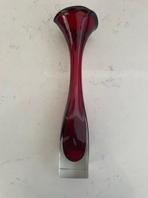 ASEDA GLASBRUK GROSSE 30cm Blumen Kunst Glas Vase rotes Pedal ATEMBERAUBENDER quadratischer Sockel